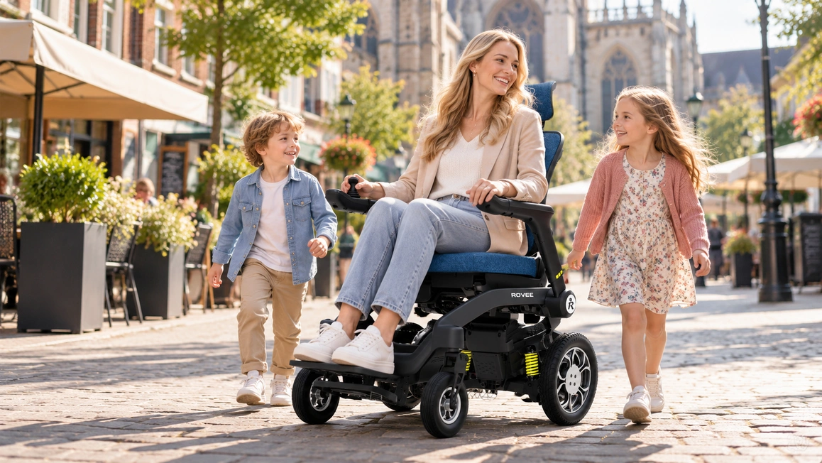 Jonge vrouw rijdt in de blauwe ROVEE R1 elektrische rolstoel samen met haar twee kinderen door een gezellige binnenstad.