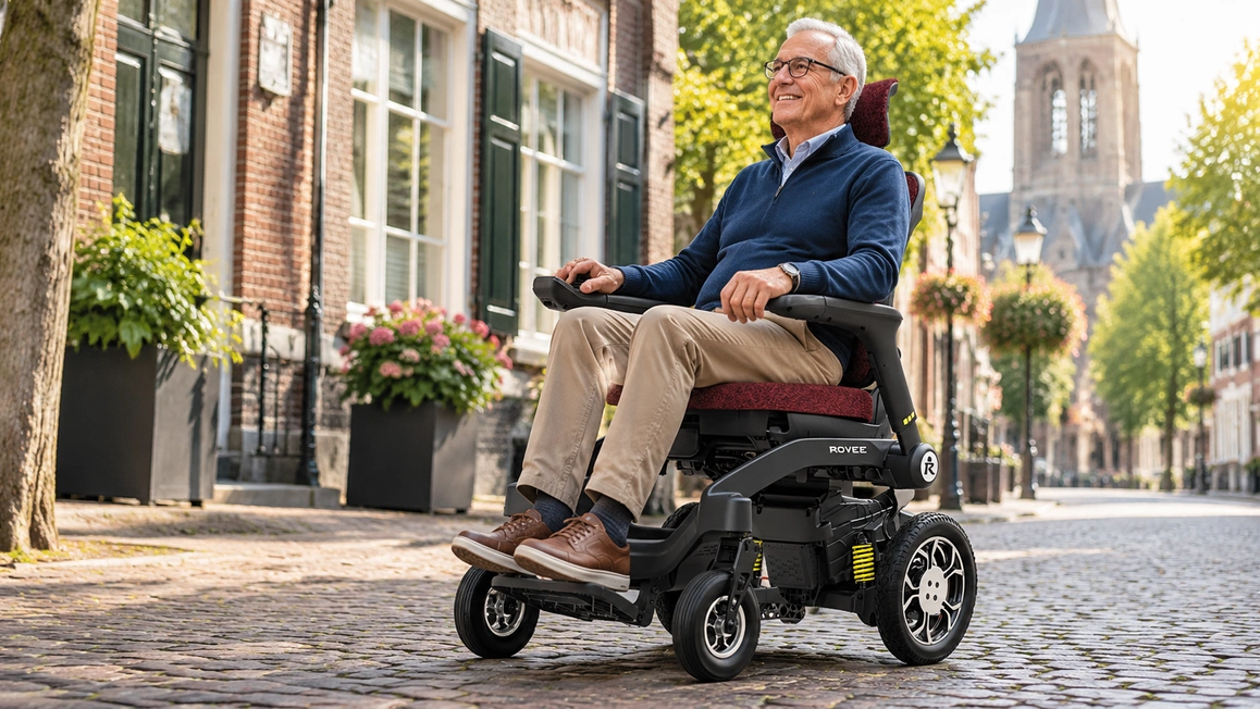 Oudere man rijdt comfortabel in de rode ROVEE R1 elektrische rolstoel over een straat met kinderkopjes.
