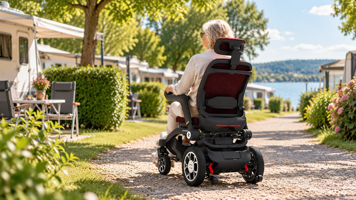 Oudere vrouw rijdt in de rode ROVEE R1 elektrische rolstoel over een grindpad op een zonnige camping.