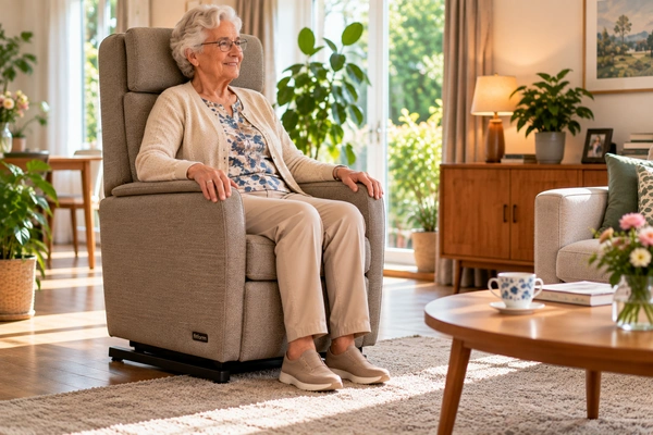 Oudere zit comfortabel met beide voeten stevig op de vloer