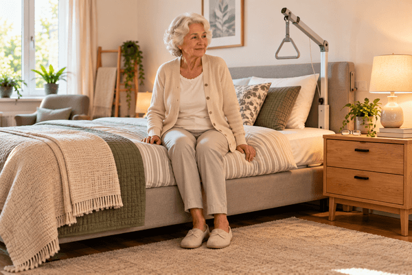 Oudere vrouw zit zelfstandig op de rand van een bed in een veilige slaapkamer
