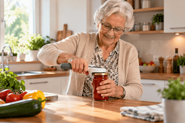 Oudere opent zelfstandig een pot met een hulpmiddel in de keuken