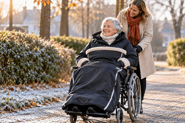 Oudere vrouw in een rolstoel met een warme gevoerde rolstoeldeken tijdens een winterse wandeling met haar begeleider.