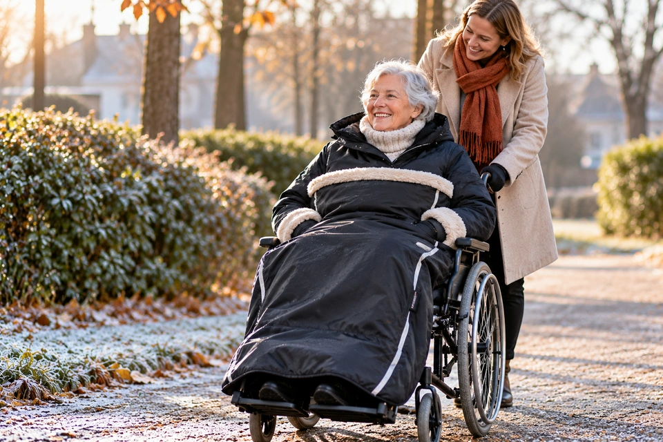 Oudere vrouw in een rolstoel met een warme gevoerde rolstoeldeken tijdens een winterse wandeling met haar begeleider.