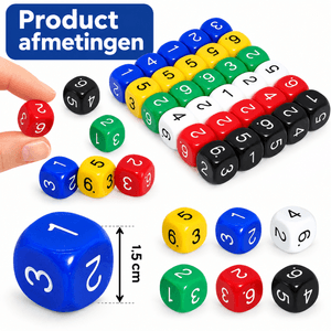 Dobbelstenen voor slechtzienden en senioren met grote, duidelijk leesbare cijfers in plaats van stippen. Verkrijgbaar in 6 contrasterende kleurencombinaties en met een afmeting van 1,5 x 1,5 cm.