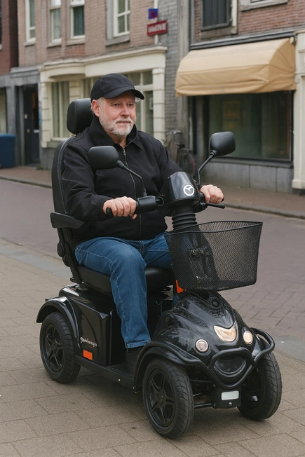 mini crosser scootmobiel in de stad aan het rijden
