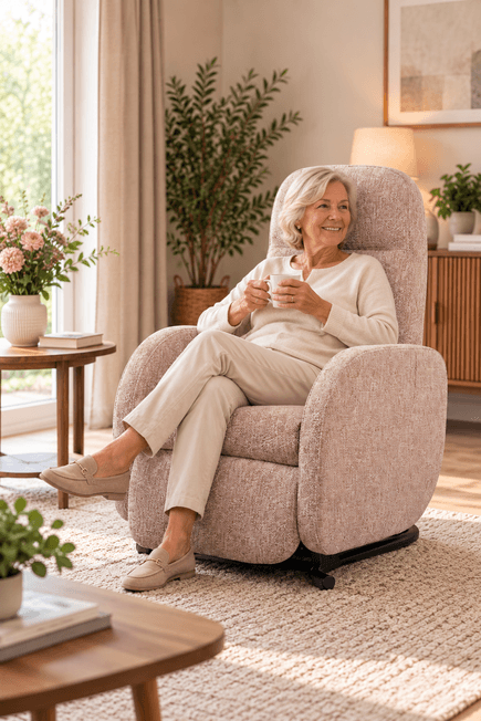 Vrouw zit ontspannen met een kopje koffie in de blauwe Doge Omega sta-op stoel in een huiselijke woonkamer.