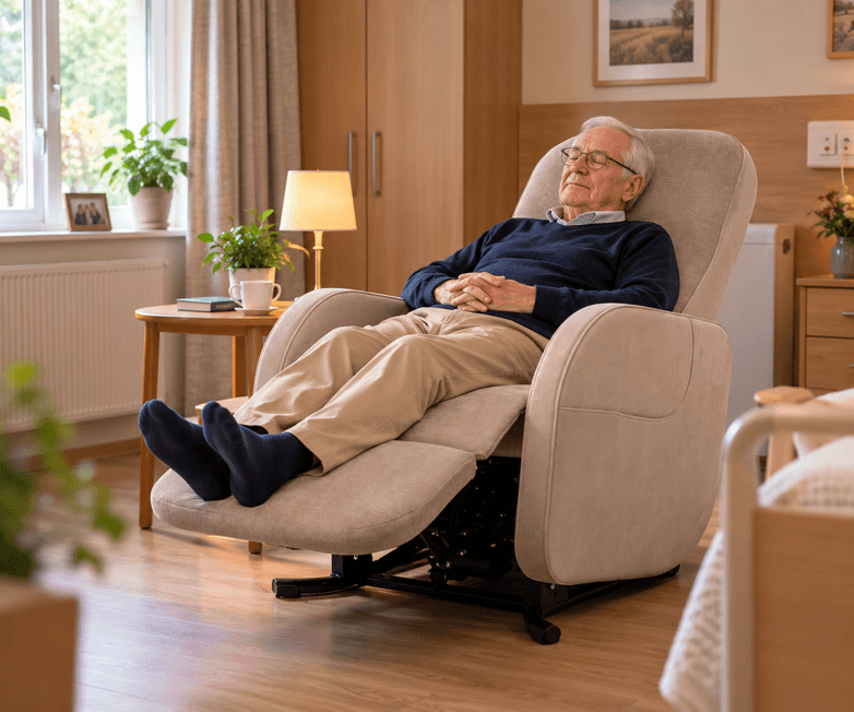 Oudere man slaapt ontspannen in de beige Doge Omega sta-op stoel met uitgeklapte voetsteun op zijn kamer in een verzorgingstehuis.