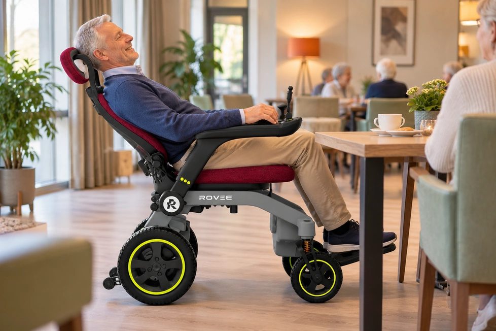 Man van circa 60 jaar zit ontspannen in de ROVEE R1 elektrische rolstoel aan tafel in een verzorgingshuis, met de ergonomische rugleuning volledig achterover gekanteld voor extra zitcomfort.
