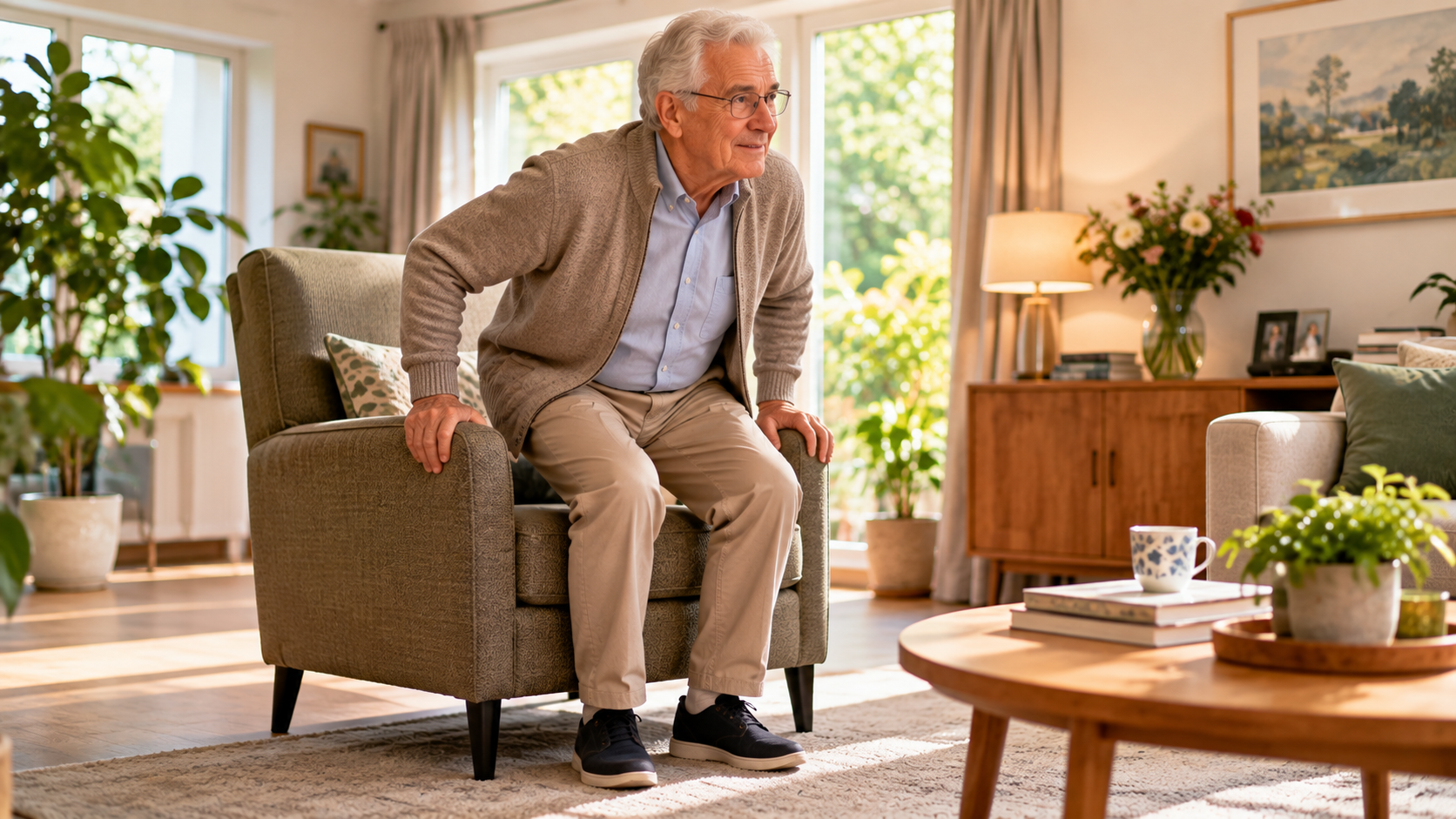 Oudere staat zelfstandig op uit een comfortabele stoel